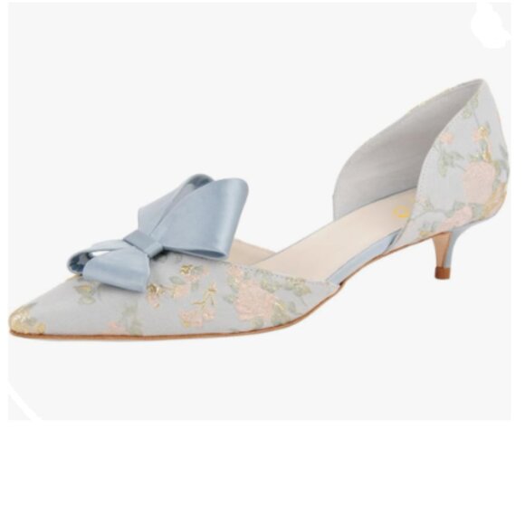 XYD Blue Flower Embroidery D'Orsay Kitten Heel Bridal Bowknot Pointed Toe Pumps - Picture 1 of 8
